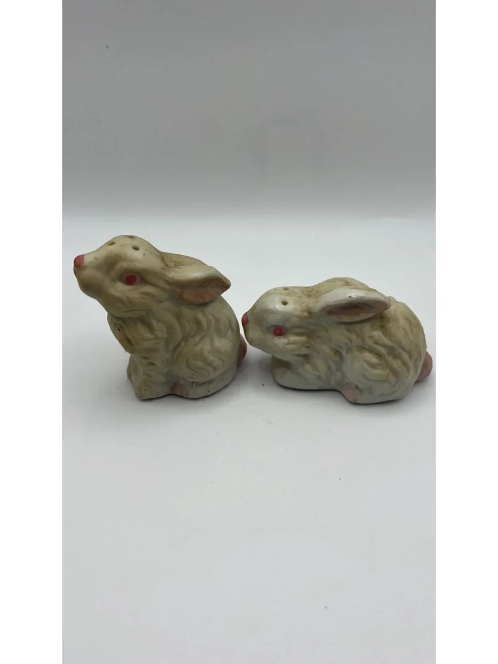 Vintage Ceramic Bunny Rabbit Salt & Pepper Shakers With Pink Accents - Collectib